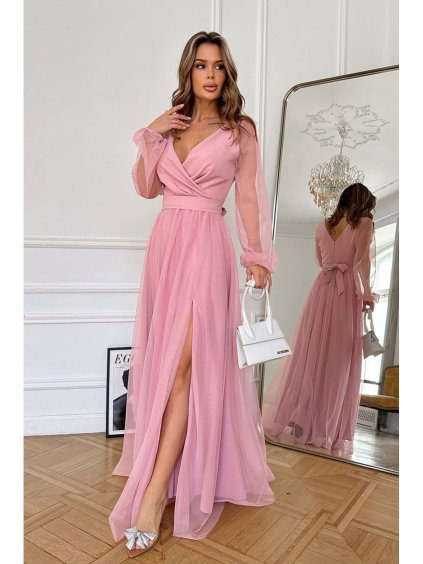 Šaty společenské dlouhý rukáv dámské (34-48) POLSKÁ MÓDA PMLBC24302-20 (Velikost 34, Barva růžová)