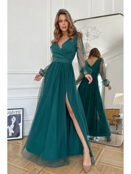 Šaty společenské dlouhý rukáv dámské (34-48) POLSKÁ MÓDA PMLBC24302-13 (Velikost 34, Barva zelená)