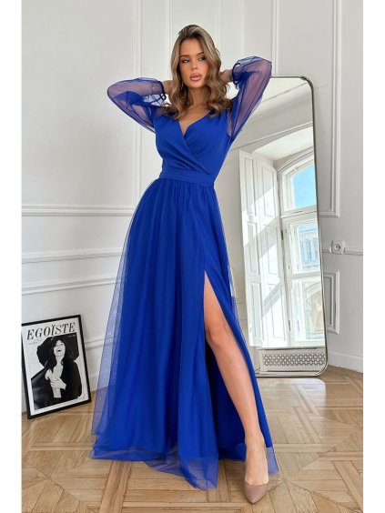 Šaty společenské dlouhý rukáv dámské (34-48) POLSKÁ MÓDA PMLBC24302-05 (Velikost 34, Barva modrá)