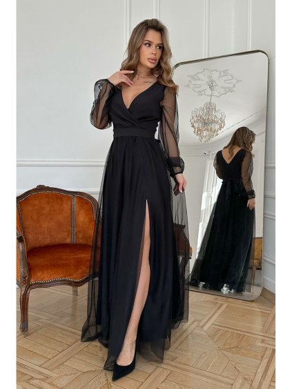 Šaty společenské dlouhý rukáv dámské (34-48) POLSKÁ MÓDA PMLBC24302-06 (Velikost 34, Barva Černá)