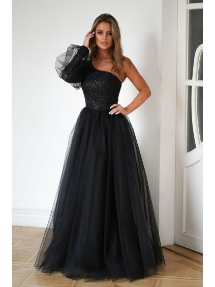 Šaty společenské dlouhý rukáv dámské (34-40) POLSKÁ MÓDA PMLBC24303-06 (Velikost 34, Barva Černá)