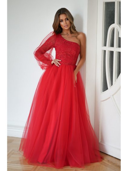 Šaty společenské dlouhý rukáv dámské (34-40) POLSKÁ MÓDA PMLBC24303-02 (Velikost 34, Barva červená)