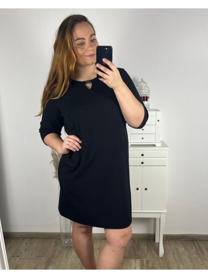 Šaty elegantní společenské 3/4 rukáv dámské nadrozměr (42-50) POLSKÁ MÓDA PMFF24CAROL/DR (Velikost 42, Barva Černá)