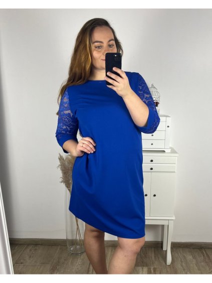 Šaty elegantní společenské 3/4 rukáv dámské nadrozměr (44-56) POLSKÁ MÓDA PMFF24DITA3/DUR (Velikost 44, Barva modrá královská)