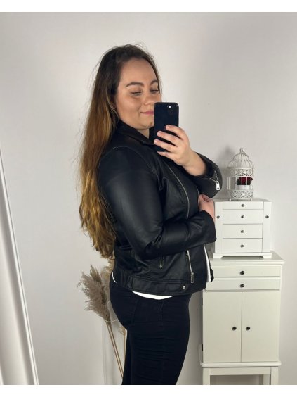 Bunda koženková dámská nadrozměr miss sissi (46-54) POLSKÁ MÓDA PMWB24232/DR (Velikost 46, Barva Černá)