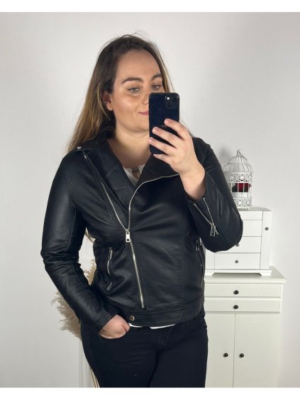 Bunda koženková dámská nadrozměr miss sissi (46-54) POLSKÁ MÓDA PMWB24232/DR (Velikost 46, Barva Černá)