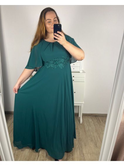 Šaty dlouhé společenské krátký rukáv dámské nadrozměr (XL/2XL ONE SIZE) ITALSKÁ MÓDA IMPSH2350260/DU (Velikost XL/2XL, Barva zelená smaragdová)