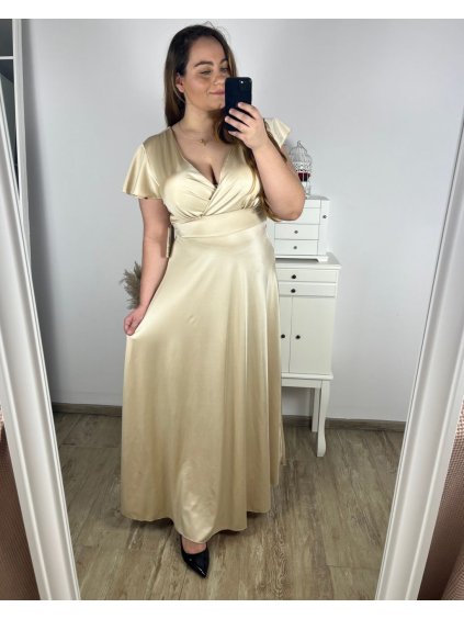Šaty dlouhé společenské krátký rukáv dámské nadrozměr (XL/2XL BIG SIZE) ITALSKÁ MÓDA IMPSH245441A/DUR (Velikost XL/2XL, Barva béžová)