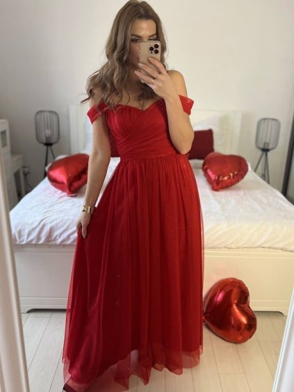 Šaty dlouhé společenské na ramínka carmen dámské (S/M ONE SIZE) ITALSKÁ MÓDA IMS24KELLY/DR (Velikost S/M/L, Barva červená)