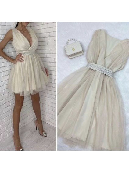 Šaty společenské bez rukávu dámské (S/M ONE SIZE) ITALSKÁ MÓDA IMHMS23106/DU (Velikost S/M/L, Barva béžová krémová)
