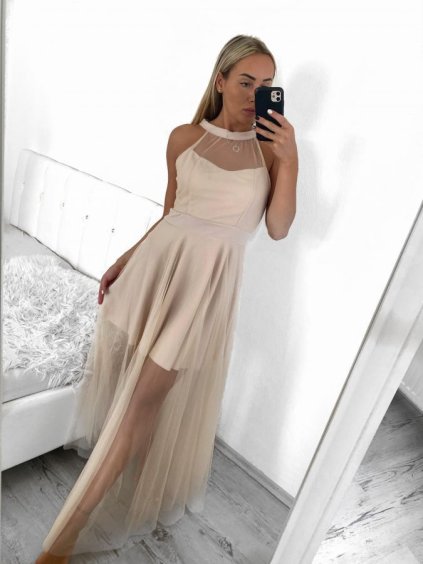 Šaty dlouhé společenské plesové bez rukávu dámské (S/M ONE SIZE) ITALSKÁ MÓDA IMHMS23148/DU (Velikost S/M/L, Barva béžová krémová)