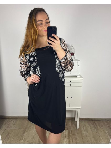 Šaty elegantní společenské 3/4 rukáv dámské nadrozměr (44-52) POLSKÁ MÓDA PMFF24BENE/DUR (Velikost 44, Barva Černá)