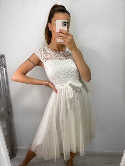 Šaty společenské krátké tylové krajkové dámské (S/M/L ONE SIZE) ITALSKá MóDA IMHMS23173/DUR (Velikost M/L, Barva bílá)