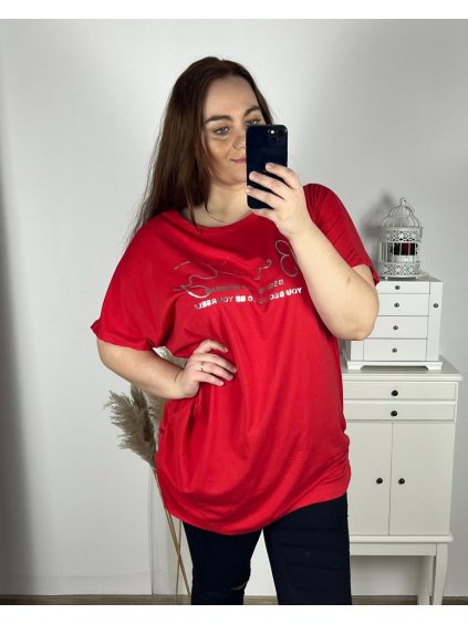 Tričko prodloužená krátký rukáv dámská nadrozměr (3XL/4XL /5XLONE SIZE) ITALSKÁ MÓDA IMC23055/DUR (Velikost 3XL/4XL, Barva červená)