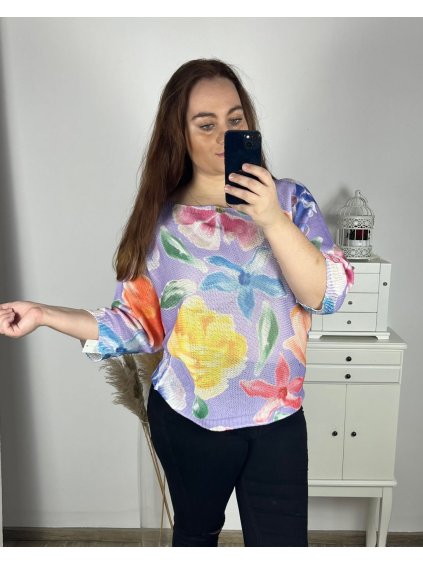 Svetr tenký dlouhý rukáv dámský nadrozměr (3XL/4XL/5XL ONE SIZE) ITALSKá MODA IMC24ELBA/DU (Velikost 4XL/5XL, Barva fialová)