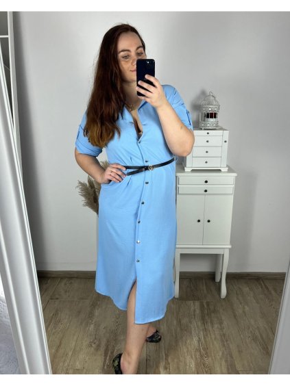 Šaty košilové s páskem dlouhý rukáv dámské nadrozměr (L/XL ONE SIZE) ITALSKÁ MÓDA IMC24077/DU (Velikost L/XL, Barva světle modrá)