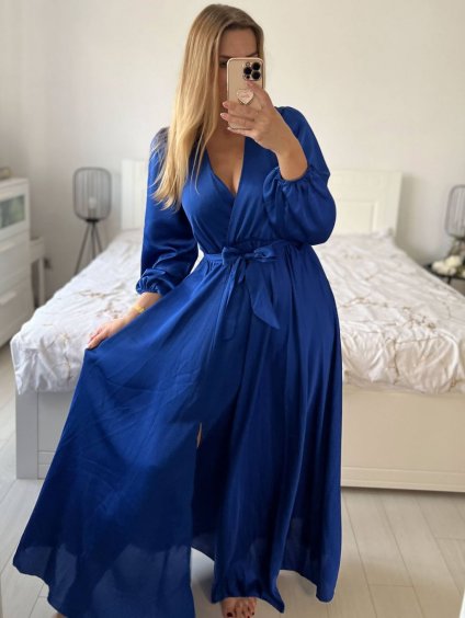 Šaty elegantní saténové dlouhý rukáv dámské (S/M.ONE SIZE) ITALSKÁ MÓDA IMHMS23110/DUR (Velikost S/M/L, Barva modrá královská)