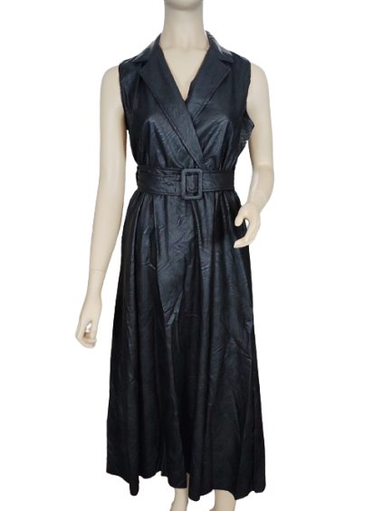Šaty dlouhé koženkové bez rukávu dámské (S/M ONE SIZE) ITALSKá MóDA IMHMS23163/DUR (Velikost S/M/L, Barva Černá)