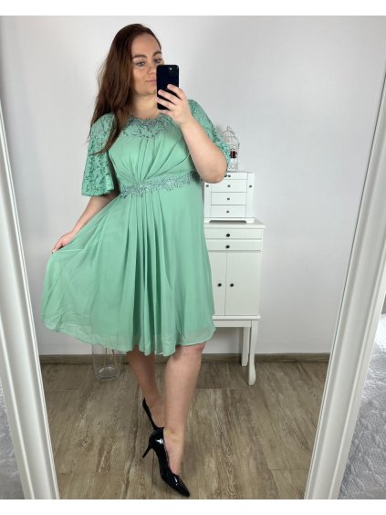Šaty krátké společenské krátký rukáv dámské nadrozměr (XL/2XL ONE SIZE) ITALSKÁ MÓDA IMPSH2480707/DU (Velikost XL/2XL, Barva zelená mintova)