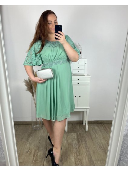 Šaty krátké společenské krátký rukáv dámské nadrozměr (XL/2XL ONE SIZE) ITALSKÁ MÓDA IMPSH2480707/DU (Velikost XL/2XL, Barva zelená mintova)