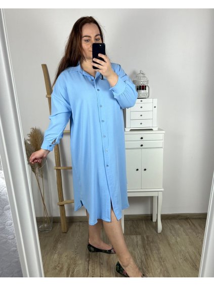 Šaty košilové dlouhý rukáv dámské nadrozměr (3XL/4XL ONE SIZE) ITALSKÁ MÓDA IM424076/DR (Velikost 3XL/4XL, Barva světle modrá)