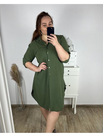 Šaty košilové 3/4 dlouhý rukáv dámské nadrozměr (XL/2XL ONE SIZE) ITALSKÁ MÓDA IM424075/DR (Velikost XL/2XL, Barva modrá džínová)