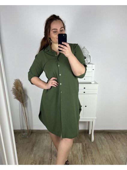 Šaty košilové 3/4 dlouhý rukáv dámské nadrozměr (XL/2XL ONE SIZE) ITALSKÁ MÓDA IM424075/DR (Velikost XL/2XL, Barva modrá džínová)