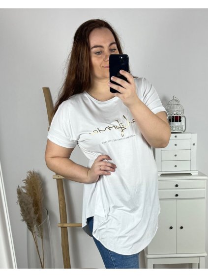 Tunika prodloužená krátký rukáv dámská nadrozměr (3XL/4XL/5XL ONE SIZE) ITALSKá MóDA IM424030/DR (Velikost 3XL/4XL, Barva bílá)