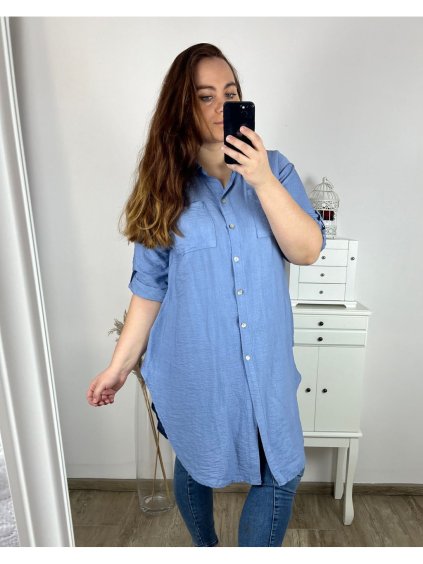 Košile prodloužená dlouhý rukáv dámská nadrozměr (XL/2XL/3XL ONE SIZE) ITALSKá MÓDA IMC24BELLA/DR (Velikost XL/2XL, Barva modrá)