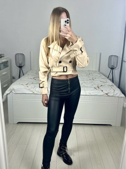 Bunda krátká se semišovou podšívkou koženka dlouhý rukáv dámská (S/M one size ) ITALSKÁ MÓDA IMWHB23002/DUR (Velikost S/M/L, Barva béžová)