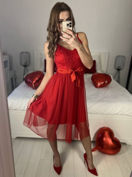 Šaty krátké společenské na ramínka dámské (S/M ONE SIZE) ITALSKÁ MÓDA IMPSH235381/DU (Velikost S/M/L, Barva červená)