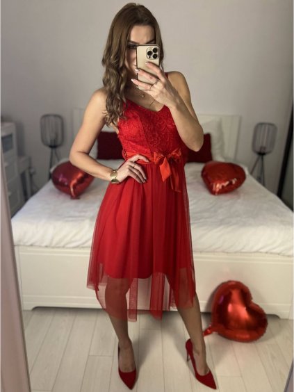 Šaty krátké společenské na ramínka dámské (S/M ONE SIZE) ITALSKÁ MÓDA IMPSH235381/DU (Velikost S/M/L, Barva červená)
