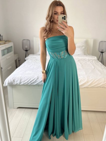 Šaty dlouhé společenské na ramínka dámské (S/M ONE SIZE) ITALSKÁ MÓDA IMPSH2480878/DU (Velikost S/M/L, Barva tmavě mintová)