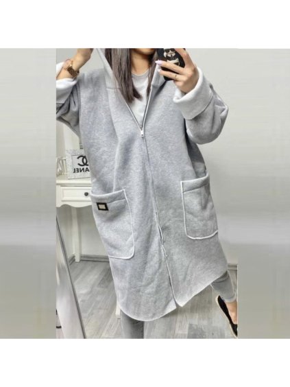 Kabát flaušový na zip dlouhý rukáv s kapucí dámská (XL/2XL ONE SIZE) ITALSKá MóDA IMC21839