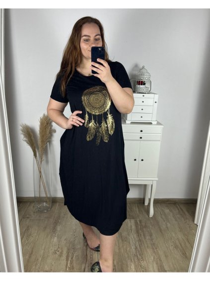 Šaty dlouhé oversize krátký rukáv dámské viskoza nadrozměr Lapač Snů (2XL/3XL/4XLONE SIZE) ITALSKÁ MÓDA IMD22450/DR (Velikost 2XL/3XL, Barva Černá)