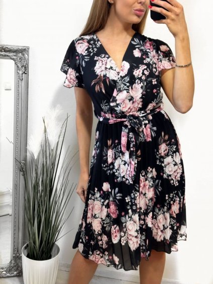 Šaty šifonové květované letní krátký rukáv dámské (S/M ONE SIZE) ITALSKÁ MÓDA IM4231157-1/DR (Velikost S/M/L, Barva Černá)
