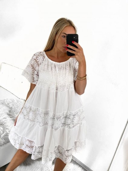 Šaty letní krajkové carmen dámské nadrozměr (40/42/44 ONE SIZE) ITALSKÁ MÓDA IM423122/DR (Velikost 40/42/44, Barva bílá)