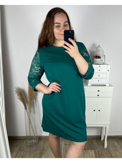 Šaty elegantní společenské 3/4 rukáv dámské nadrozměr (44-56) POLSKÁ MÓDA PMFF24DITA4/DR (Velikost 46, Barva zelená smaragdová)