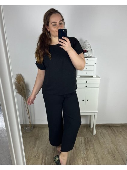 Souprava s řetízkem oversize kalhoty a tričko s krátkým rukávem  dámská nadrozměr (M/L/XL ONE SIZE) ITALSKÁ MÓDA IMC24KESY/DR (Velikost L/XL, Barva Černá)