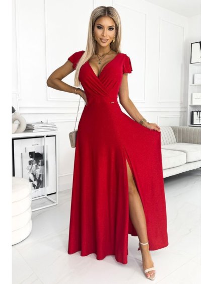 411-2 CRYSTAL dlouhé třpytivé šaty s výstřihem - červené