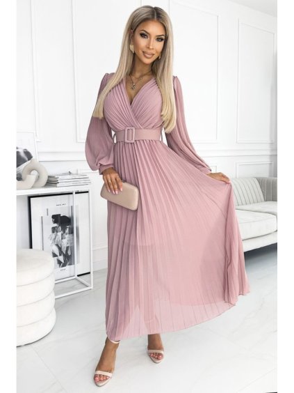 414-2 KLARA řasené šaty s páskem a výstřihem - pudrově růžové (Velikost UNI, Barva _barva viz foto)