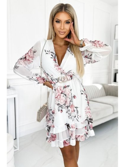 422-2 ROSETTA Dámské šaty s psaníčkovým výstřihem a páskem - bílé s růžemi (Velikost UNI, Barva _barva viz foto)