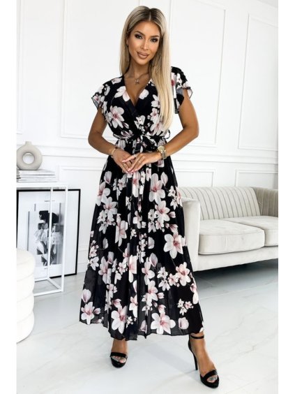 434-1 LISA Plisované midi šaty s výstřihem a volánky - broskvový květ na černém pozadí (Velikost UNI, Barva _barva viz foto)