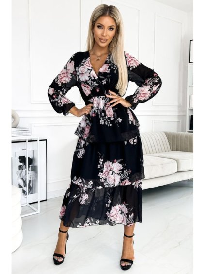 435-1 MARTINA Midi šaty s výstřihem a třemi volánky - růže na černém pozadí (Velikost UNI, Barva _barva viz foto)