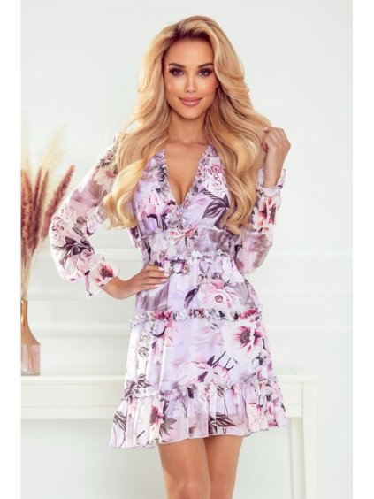 421-3 Šifonové šaty s volánky a širokou gumičkou - divoké růže (Velikost S, Barva _barva viz foto)