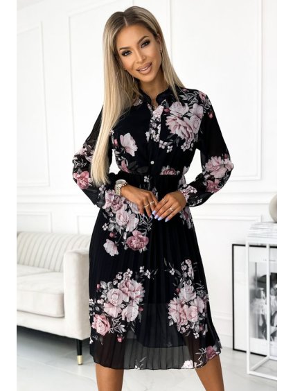449-3 CARLA Plisované midi šaty na knoflíky a dlouhý rukáv - růže na černém podkladu (Velikost UNI, Barva _barva viz foto)