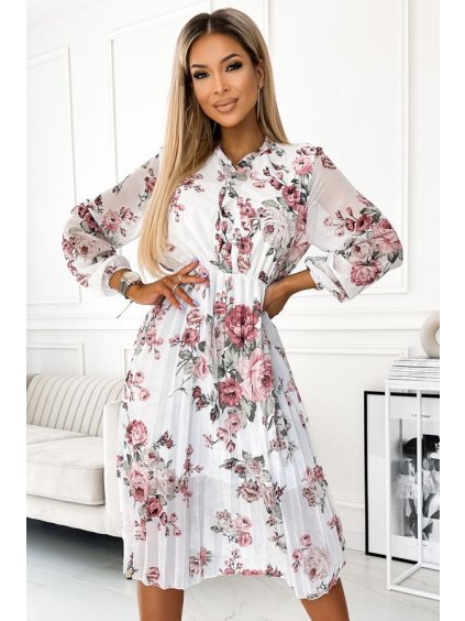449-1 CARLA Plisované midi šaty na knoflíky a dlouhý rukáv - růže na bílém podkladu (Velikost UNI, Barva _barva viz foto)