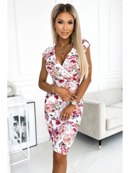 379-3 BOYKA Vypasované šaty s psaníčkovým výstřihem - růžovo-fialové květy (Velikost XS, Barva _barva viz foto)