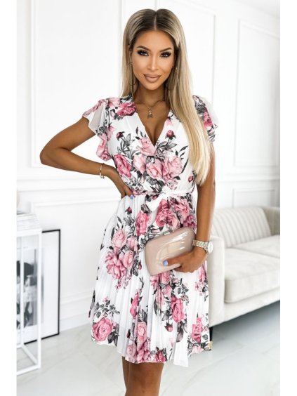 447-1 Šifonové řasené šaty s výstřihem a volány - bílé s velkými růžemi (Velikost UNI, Barva _barva viz foto)