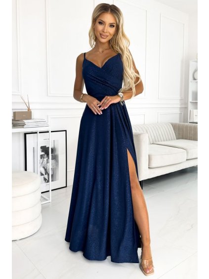 299-9 CHIARA elegantní maxi šaty na ramínka - tmavě modré se třpytkami (Velikost S, Barva _barva viz foto)